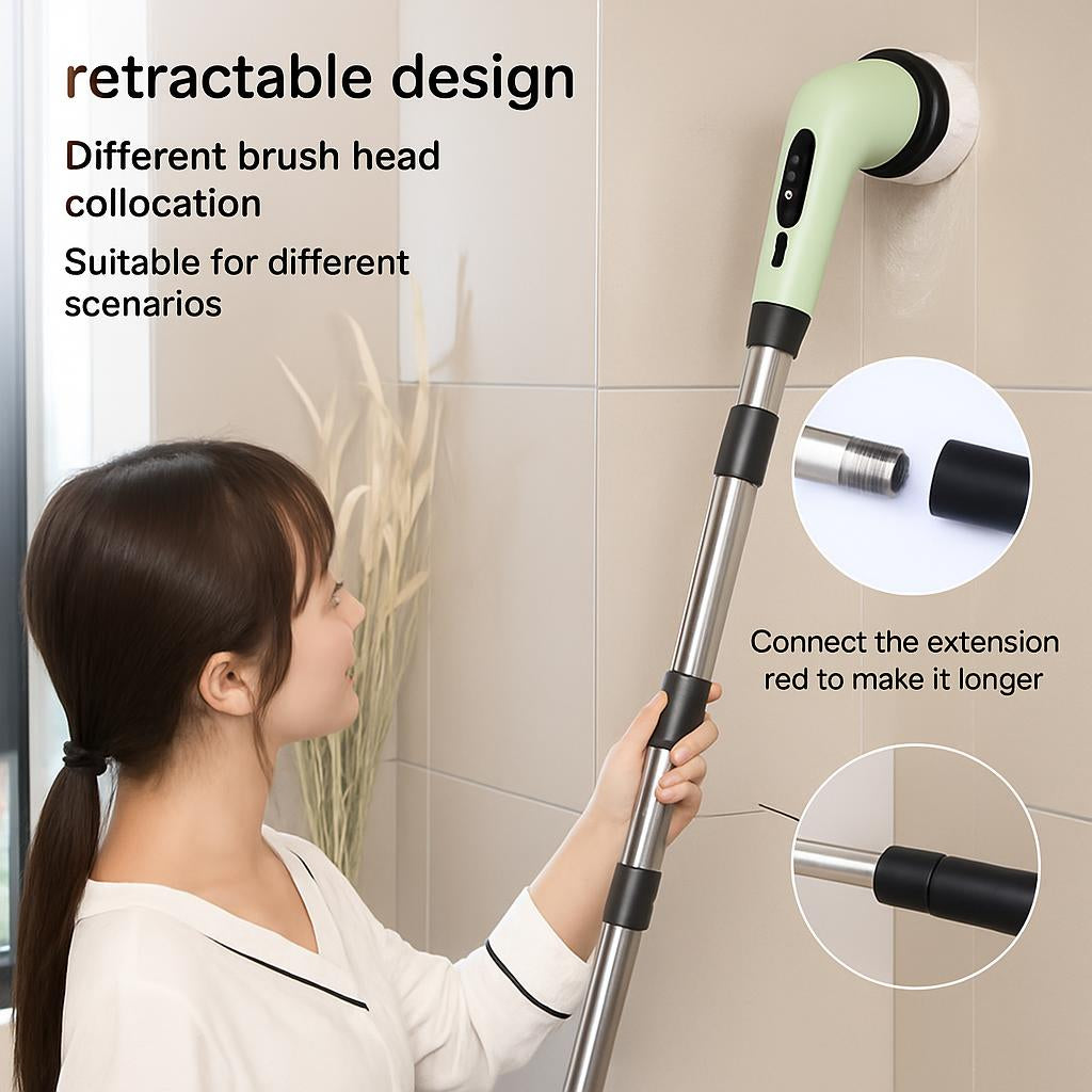 Eco-Friendly Electric Cleaning Brush with Extendable Handle in Light Green and Black