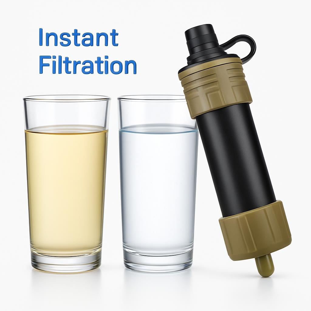 Portable water filter in black and olive green for instant clean water