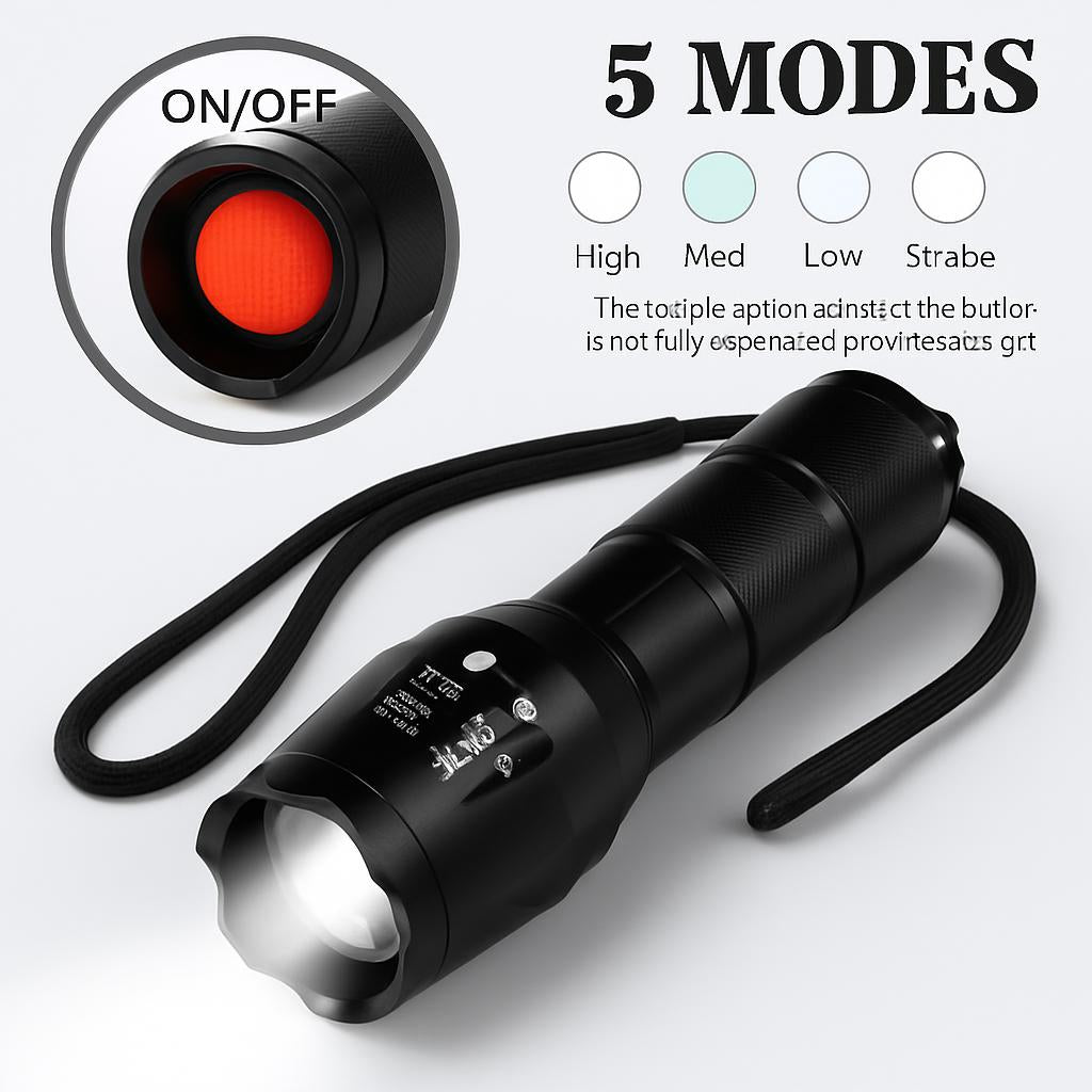 Tactical 5000 Lumens Rechargeable LED Zoom Flashlight