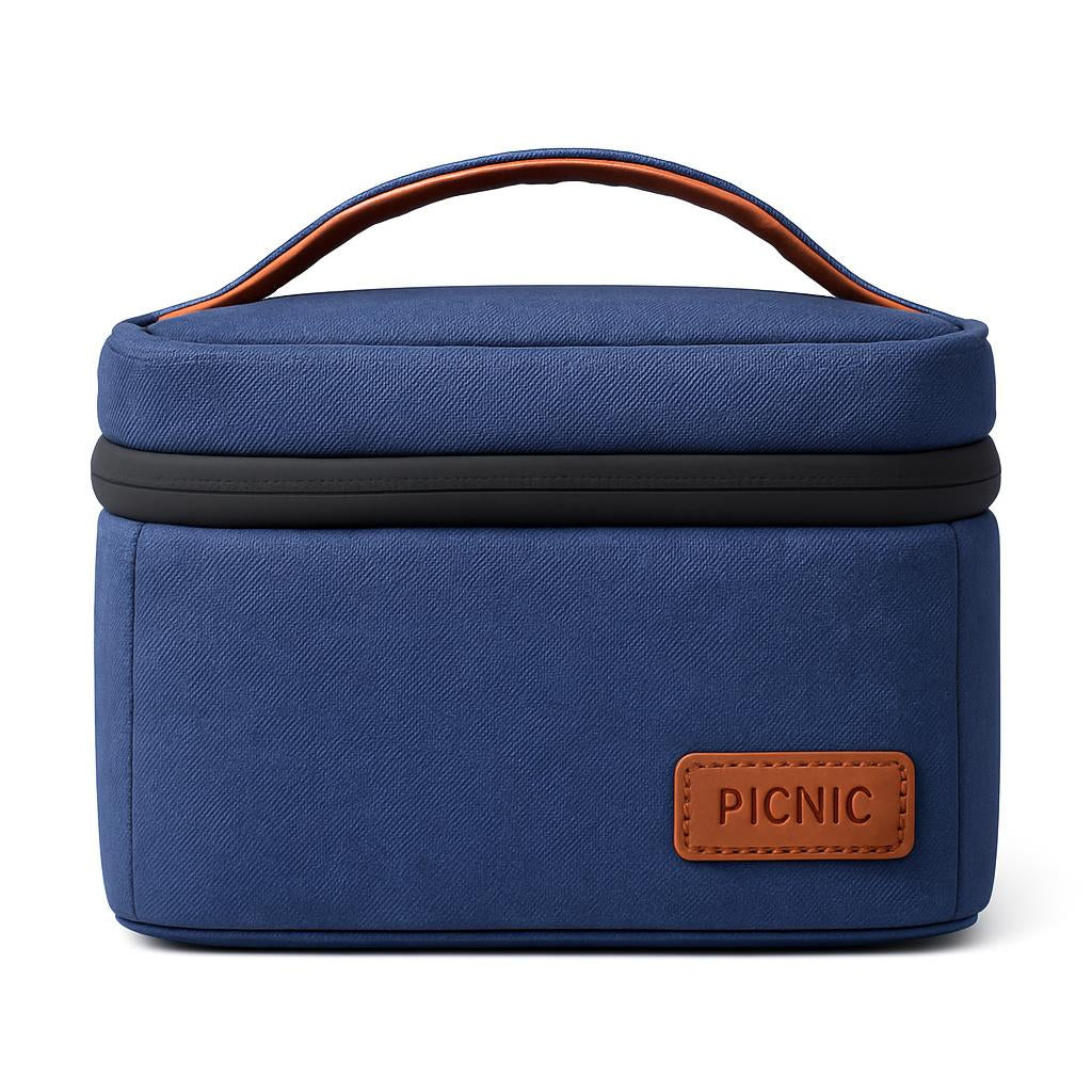 Blue canvas toiletry bag with brown accents