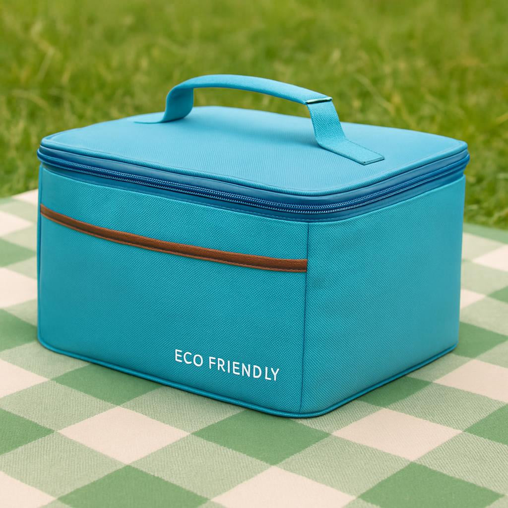 Eco-Friendly Picnic Bag - Blue Canvas with Brown Accents