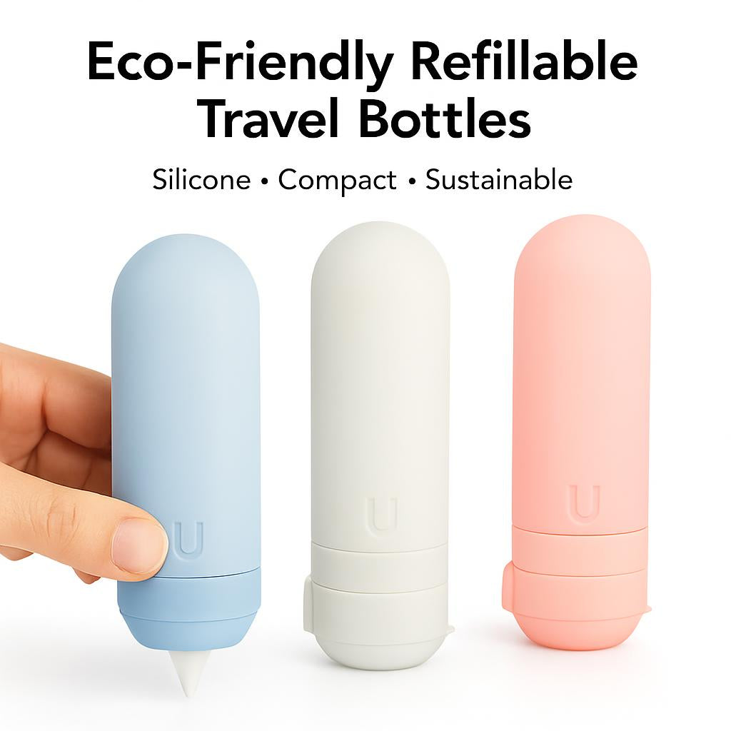 Eco-Friendly Refillable Travel Bottles in Light Blue, White, and Pink