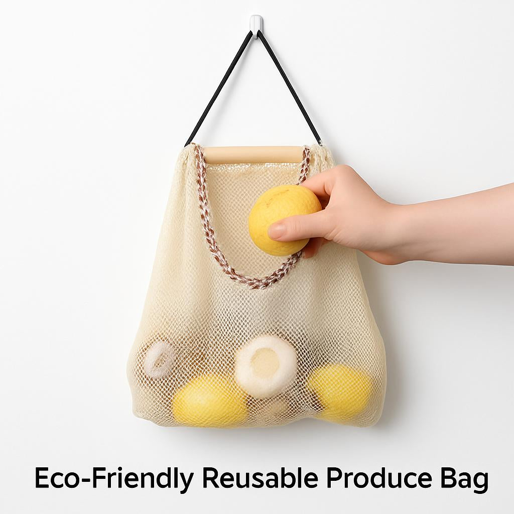 Eco-Friendly Reusable Produce Bag with Beige Mesh and Drawstring
