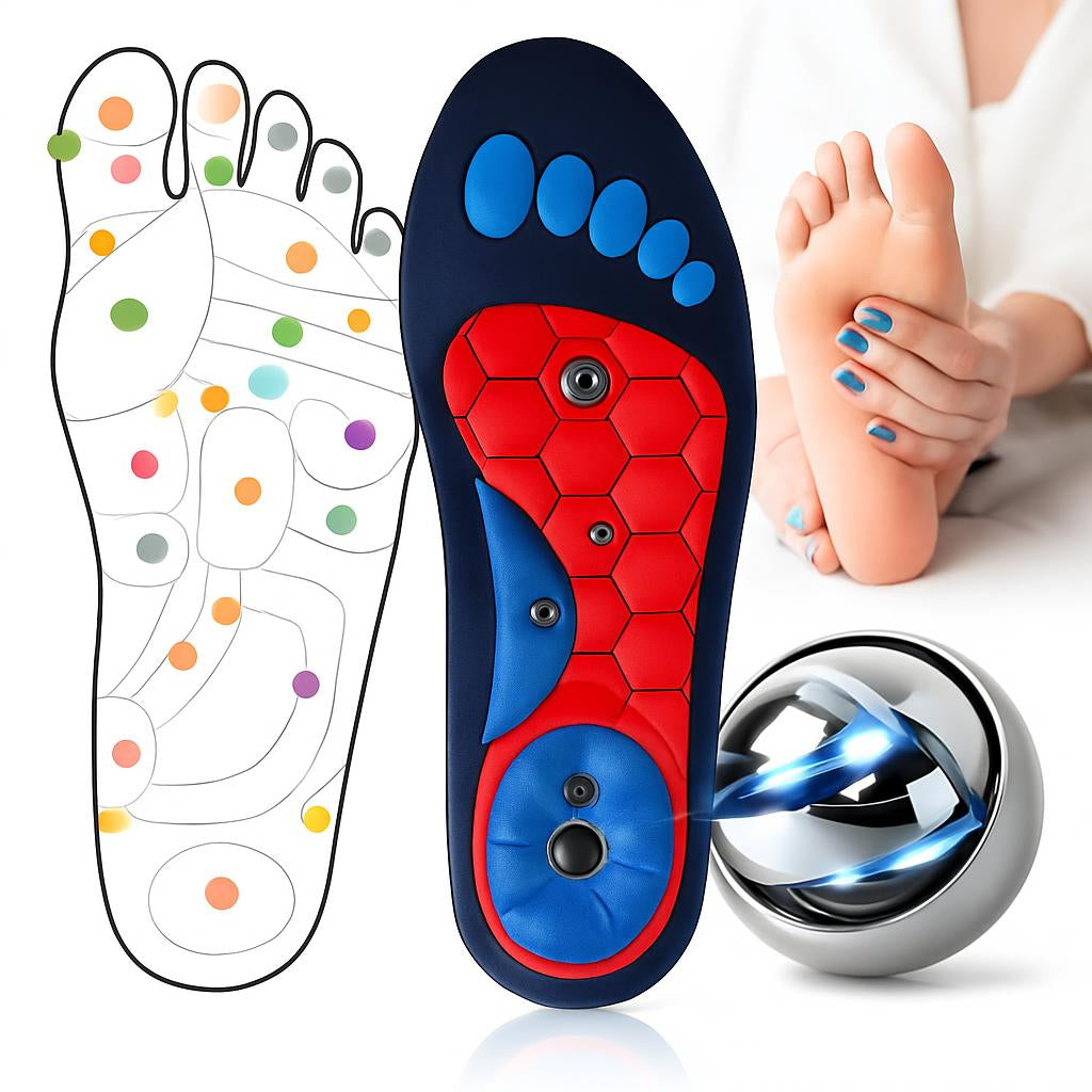 Magnetic Acupressure Insoles in Black, Red, and Blue
