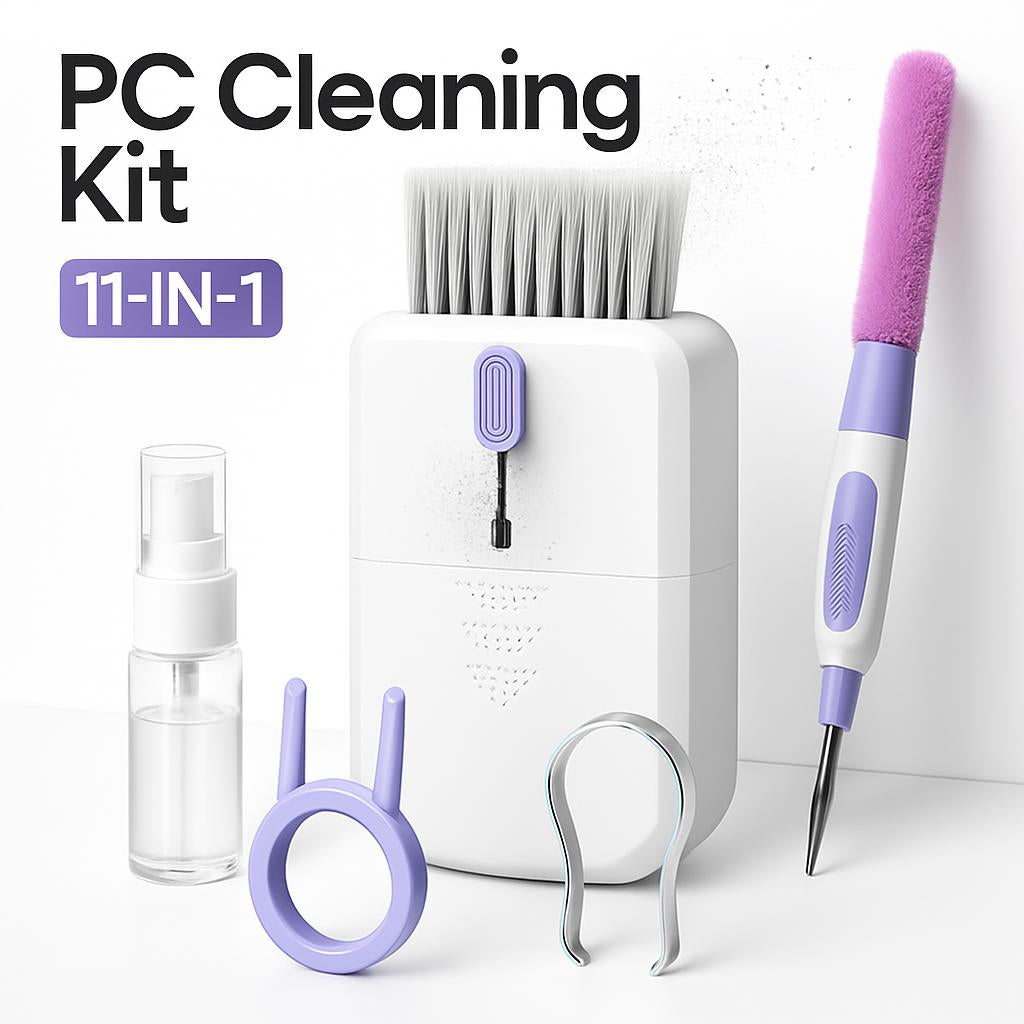 11-in-1 PC Cleaning Kit in white and purple with various attachments