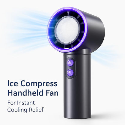 Portable Ice Compress Handheld Fan in Gray with Purple Accents