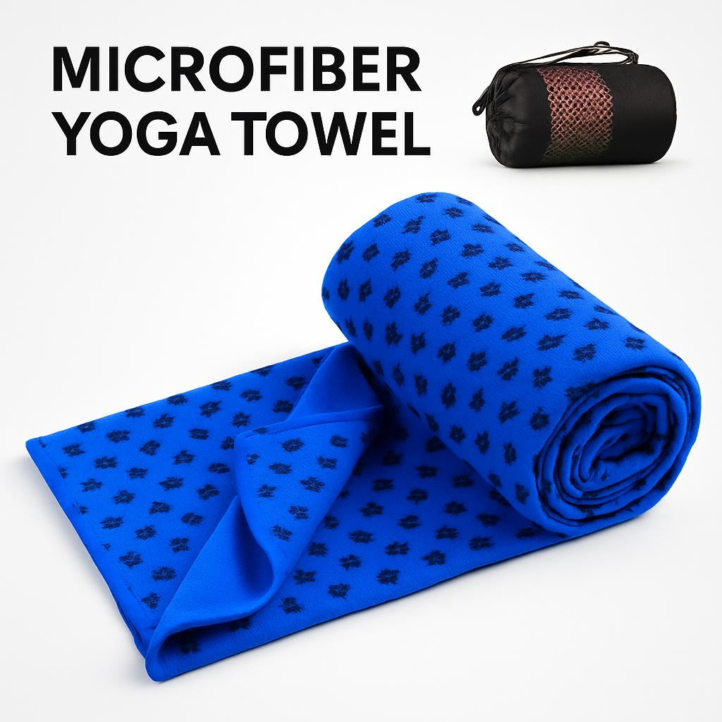 Blue microfiber yoga towel with black floral patterns