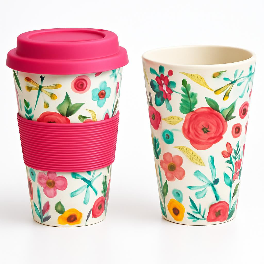 Eco-Friendly Reusable Travel Mug with Multicolored Floral Pattern and Pink Lid