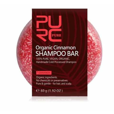 front of the "Pure" Organic shampoo bar with cinnamon flavor 